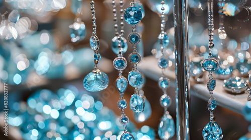 Beautiful jewelry with light blue gemstones on stand 