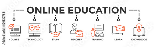 Online education banner web icon vector illustration concept with icon of course, technology, study, teacher, training, learn and knowledge