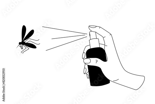 Woman hand spraying insect repellent on mosquito. Stop mosquito spray. Vector illustration for insect control, health safety, and informational posters. Aerosol from parasite. 