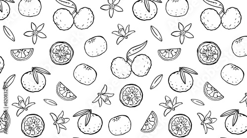 Yuzu fruit seamless pattern with whole  halved  and flowers on white background. Asian cuisine and natural ingredient concept.