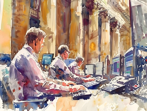 Impressionistinspired of Exchange Traders Engrossed in Trading Depicting Frantic Keyboard Typing