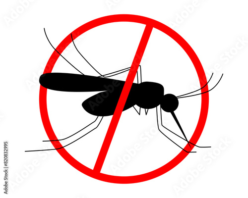 Silhouette of mosquito inside red prohibition sign. Stop mosquito  symbol. Vector illustration for pest control, health warnings, and informational posters. 