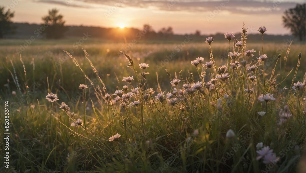Wildflower Meadow Sunrise: Dewy Grass, Pastel Colors, Serene Nature Scene