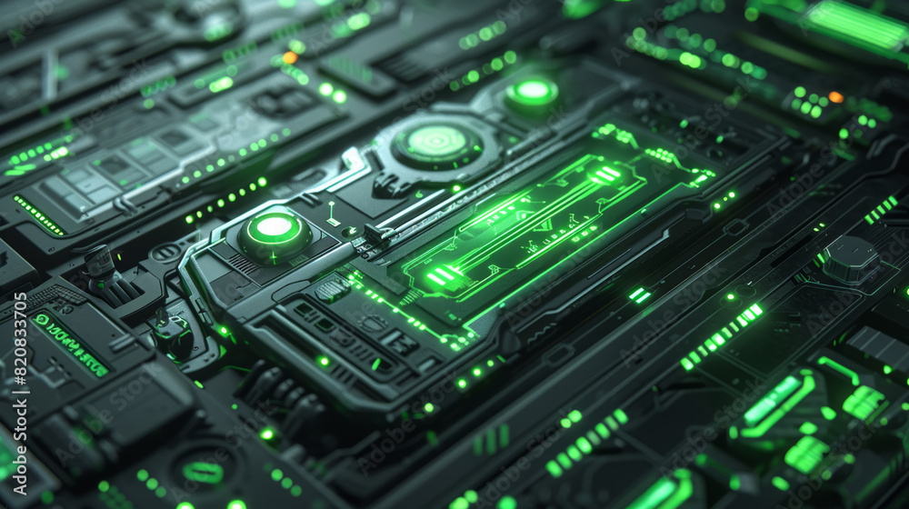 Futuristic Green Glowing Component on Circuit Board Futuristic Green Glowing Component on Circuit Board