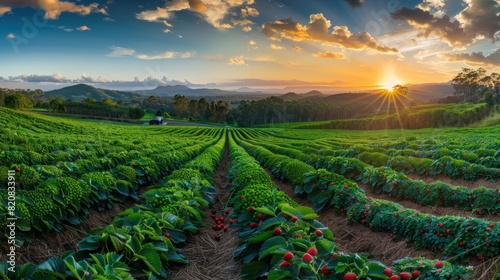 The scenic vista of the strawberry fields captivates the senses.