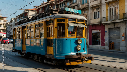 A vintage blue and yellow tram operational in a vibrant cityscape under daylight, with surrounding architecture