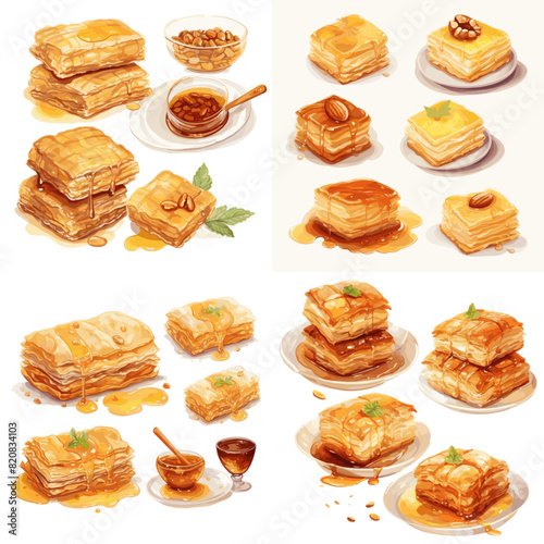 Delicious baklava illustration with layers of flaky pastry, honey drizzle, and nuts, perfect for dessert designs, food packaging, and culinary-themed artwork.