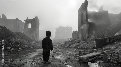 A child at the destruction after war