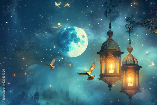 Enchanted night  lanterns and moonlight