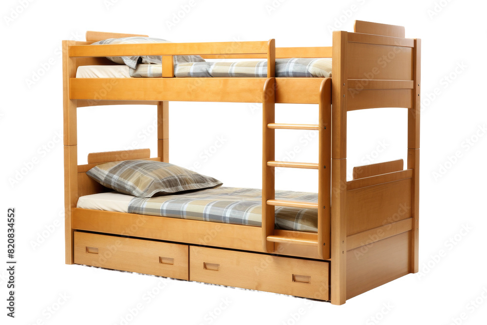 The Nesting Oasis: A Wooden Bunk Bed With Hidden Drawer Delights on a White or Clear Surface PNG Transparent Background. The Nesting Oasis: A Wooden Bunk Bed With Hidden Drawer Delights on a White or Clear Surface PNG Transparent Background.