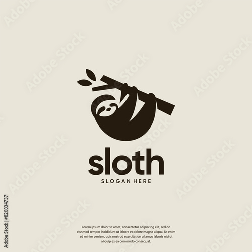 sloth hanging, tree branch, logo design.