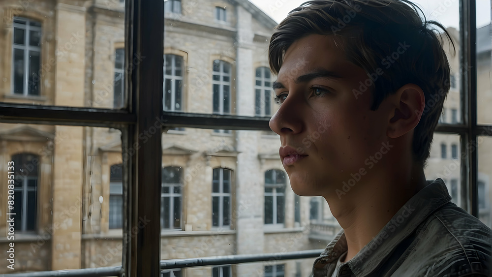 A person stands by a large window, looking out towards a classical architecture structure A person stands by a large window, looking out towards a classical architecture structure