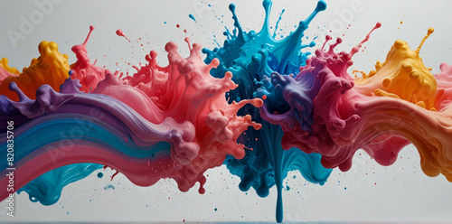 Color liquid ink splash abstract background rainbow art. White splash collage mix flow drip. Fluid wave color red, pink, blue, yellow isolated on the white background. Liquid ink palette motion.