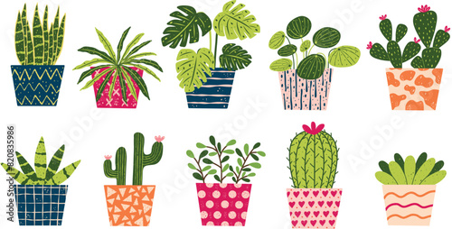 Set of houseplants in quirky pots. Includes indoor plants like cactus, fern, monstera, succulent and more. Loose hand drawn style vector elements.