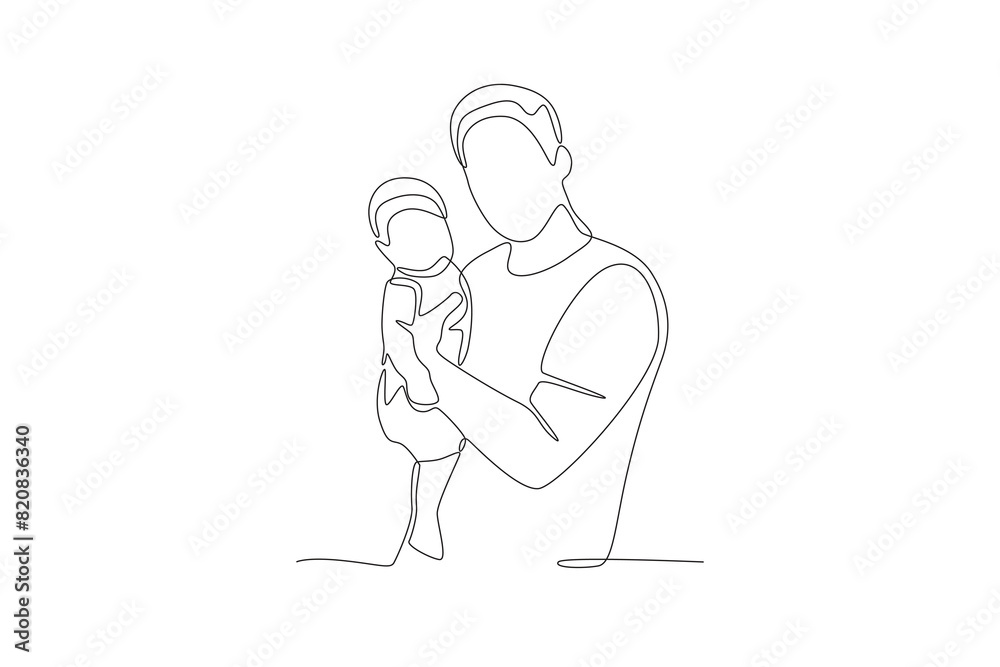 Father holding his toddler son. Father's day one-line drawing