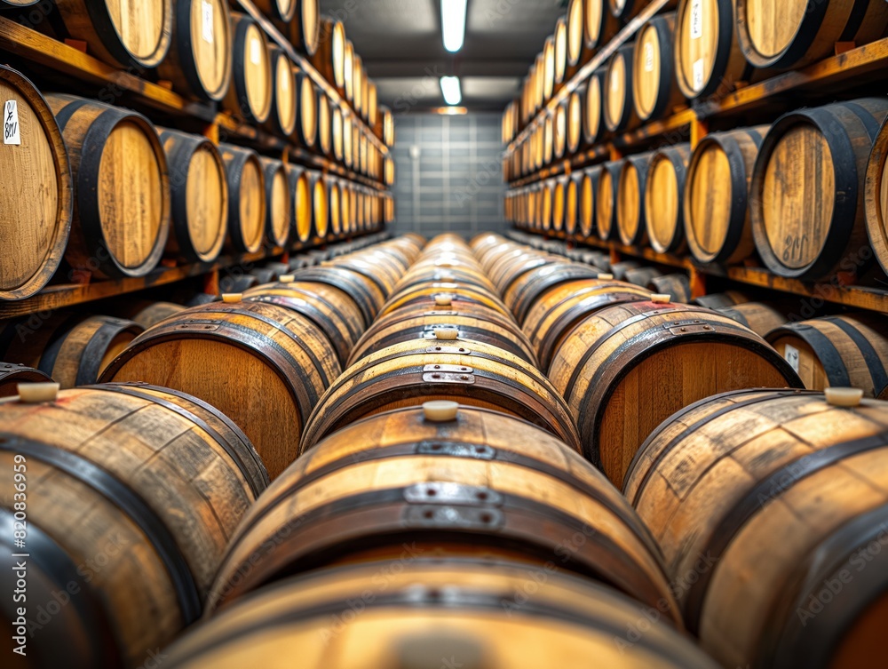 A row of barrels filled with liquid, likely wine. The barrels are stacked on top of each other, creating a sense of depth and height. The image conveys a feeling of abundance and richness A row of barrels filled with liquid, likely wine. The barrels are stacked on top of each other, creating a sense of depth and height. The image conveys a feeling of abundance and richness
