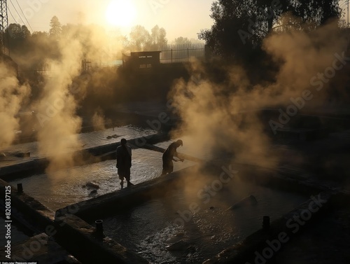 Two people are working in a field with steam coming out of the ground. The steam is coming from a large body of water