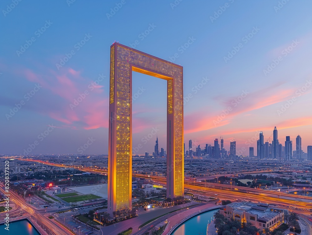 A large building with a large archway in the middle of it. The archway is lit up at night