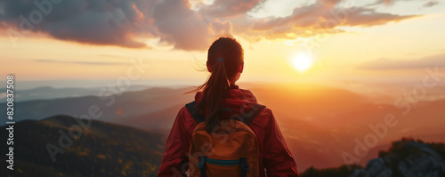 Woman admiring sunset from mountain summit