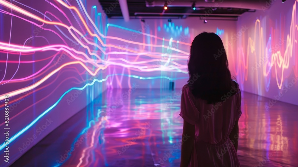 Obraz premium Digitized Dreamscape Flowing Grid of Neon Light
