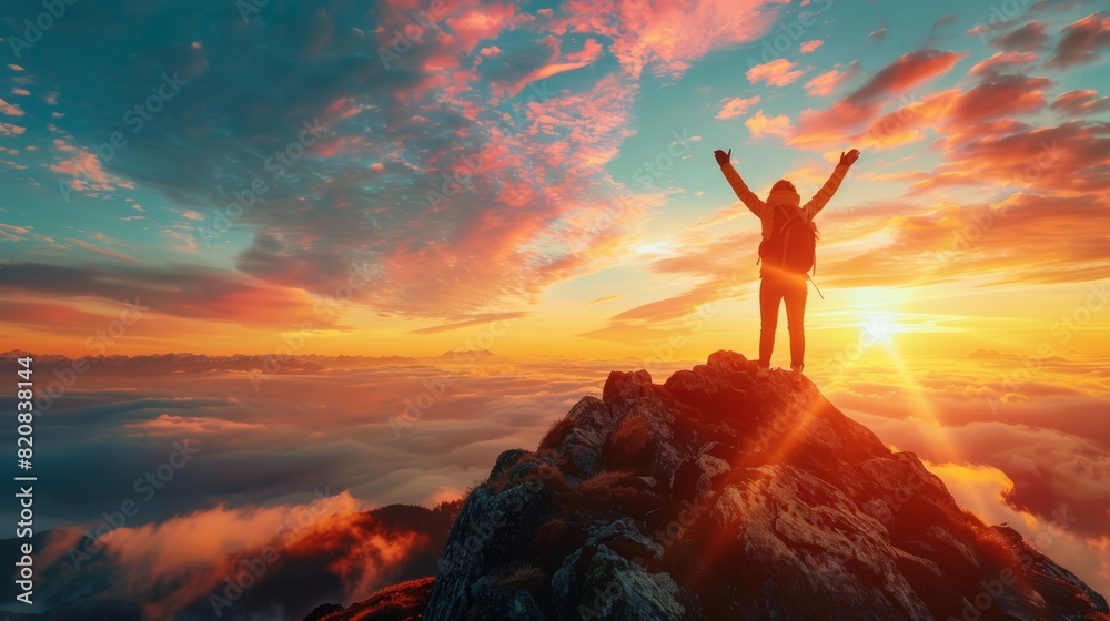 Person standing triumphantly on a mountain peak at sunrise celebrates a challenging climb with a breathtaking view