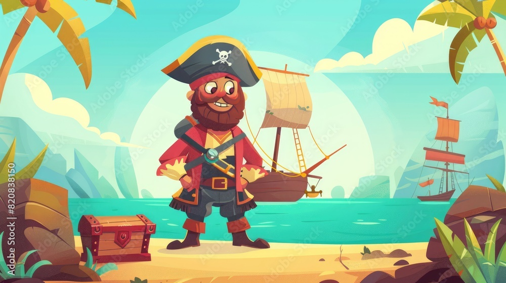 Naklejka premium Cute Pirate Cartoon Character Illustration with Wooden Wheel, Chest, Vintage Caribbean, Pirates and Jolly Roger on Ship on Sea or Island AI generated