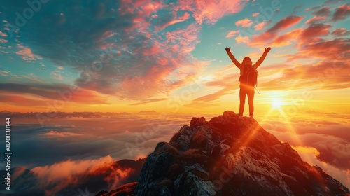 Person standing triumphantly on a mountain peak at sunrise celebrates a challenging climb with a breathtaking view #820838144