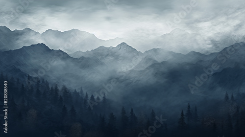 Misty Forest and Mountain Range
