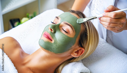 Portrait of a beautiful young blonde woman receiving clay facial mask from beautician in spa. Medicine, healthcare and beauty concept, cosmetology, anti-aging treatment, skin care. Generative Ai.