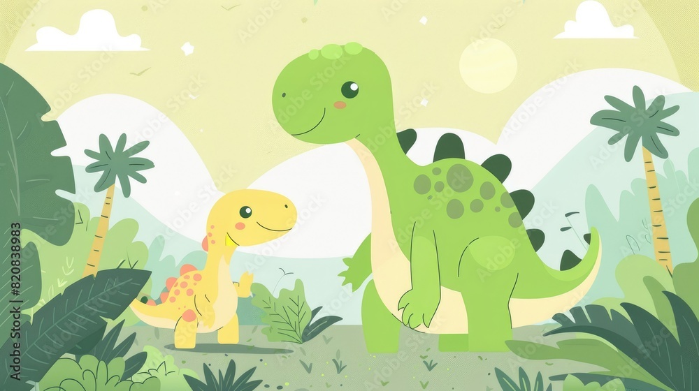 Fototapeta premium Cute dinosaur mother and baby illustration AI generated