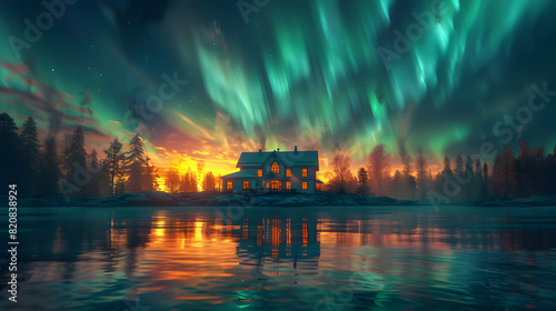 House, aurora borealis in the sky, sea, short exposure photography, vibrant colors, beautiful. High Quality, Hyper Detailed