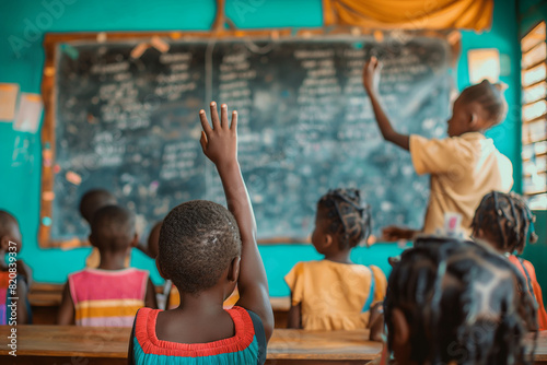 African children at school putting hands up