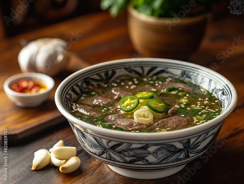 A bowl of soup with meat and green peppers. The bowl is on a wooden table. There are two bowls and a spoon on the table photo