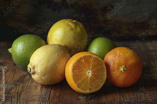 Assorted citrus fruits on wooden surface freshness in details