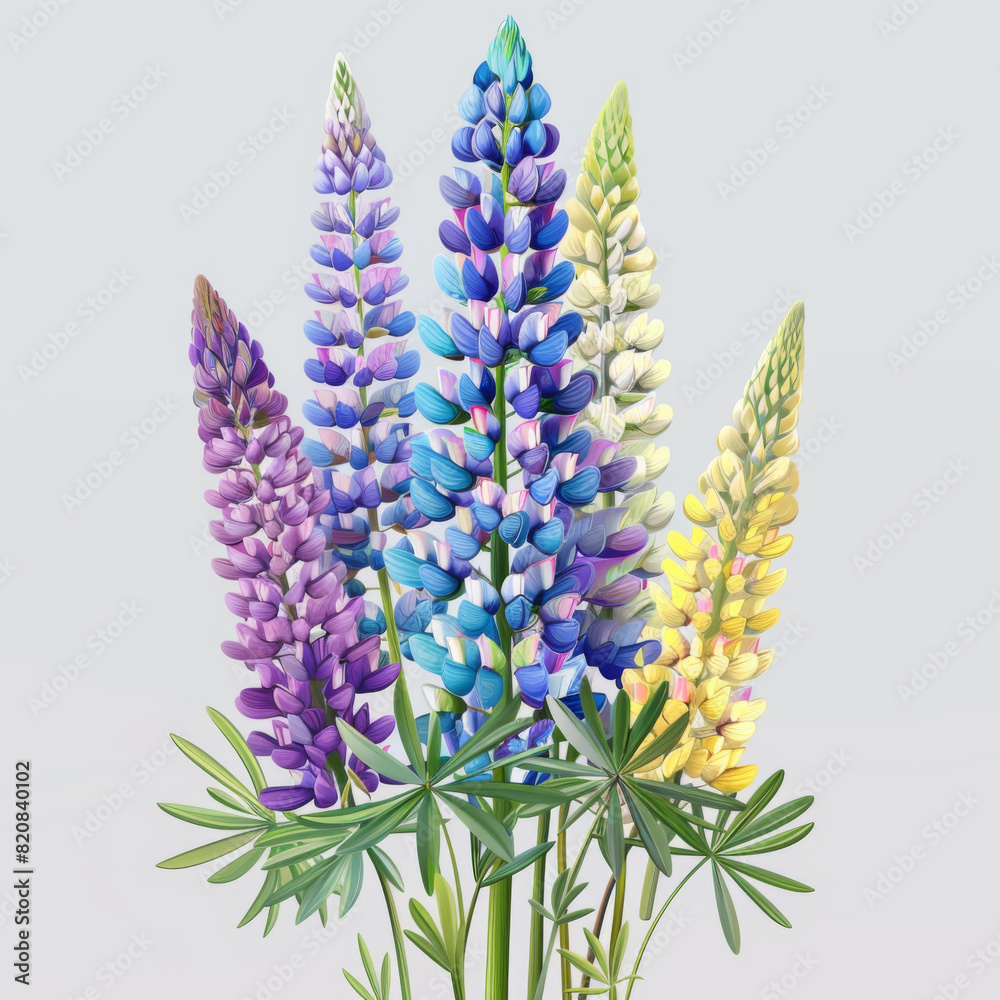Naklejka premium Vivid illustration of various colorful lupine flowers, showcasing their tall, spiky blooms against a neutral background.