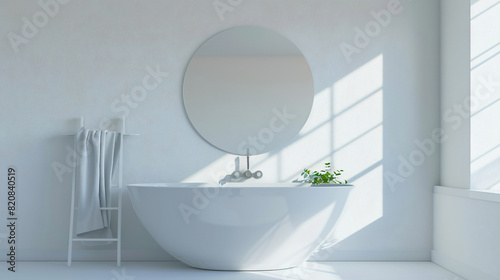 Mirror with reflection of bathtub and rack near light
