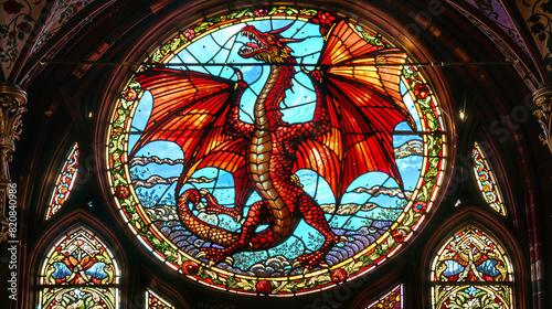 red dragon with horns  wings and tail  in the circular stained glass of a window of a church or cathedral