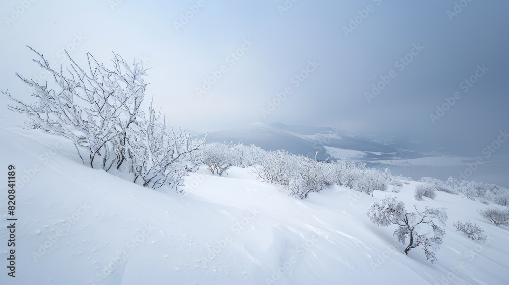 Serene Winter Forest with Snow-Covered Landscape, Highlighting the Solitude and Chill of Winter