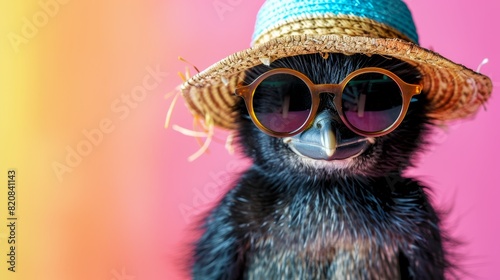 A cute duck wearing a straw hat and sunglasses, looking like he's ready for summer! photo