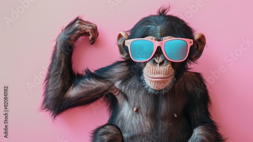 A cool monkey wearing sunglasses is showing off his muscles. photo