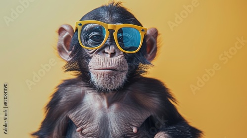 A cool monkey wearing sunglasses is sitting in front of a yellow background. photo