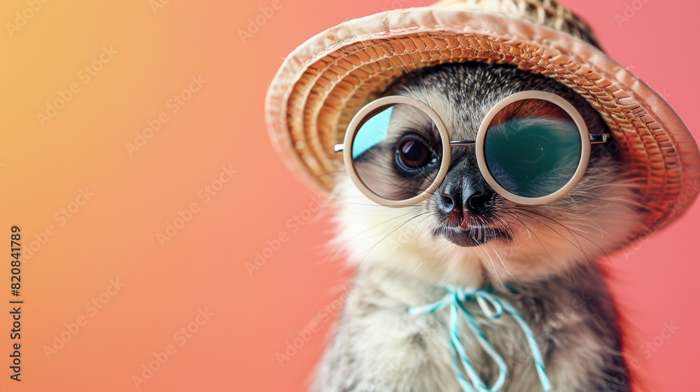 A cute lemur wearing a hat and sunglasses, looking like he's ready for a vacation.