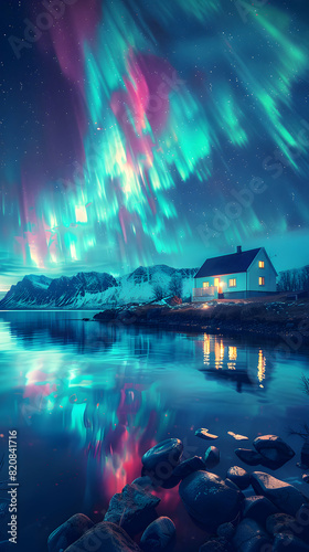 House  aurora borealis in the sky  sea  short exposure photography  vibrant colors  beautiful