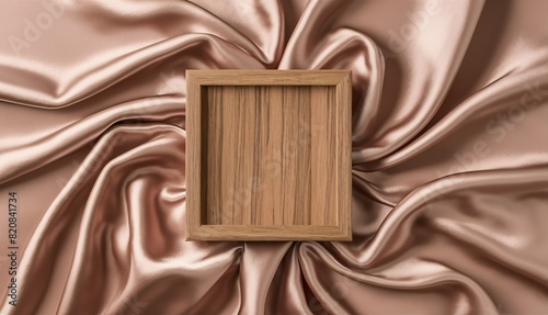 Wooden brown square frame box against a luxurious satin cloth fabric background.