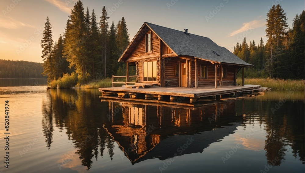 Rustic Lakeside Cabin in SummerWooden Dock and Canoe - Nature Retreat Scene Rustic Lakeside Cabin in SummerWooden Dock and Canoe - Nature Retreat Scene