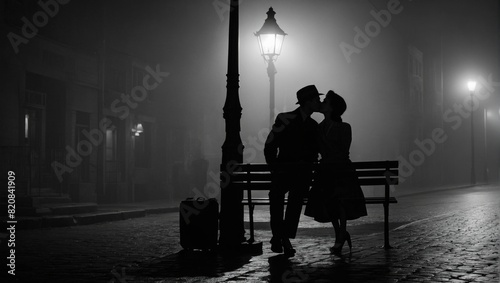 A Kiss Under Streetlamp on Foggy Night in Classic Film Style.