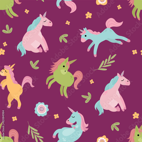 Seamless pattern with cute unicorns. A mythological and magical creature. Design for fabric, textiles, wallpaper, packaging.   © Helga KOV