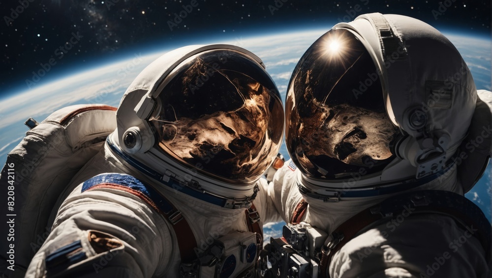 Fototapeta premium Astronauts sharingromantic kiss in zero gravity space, magical moment captured