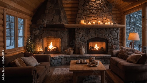 Cozy Cabin Fireplace Romance Warm Winter Kiss Image. © Bendix