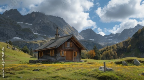 Beautiful panorama view of idyllic rural mountain scenery in the Alps with traditional old alpine mountain hut and fresh green meadows on a sunny day with blue sky and clouds in springtime © Ruslan Gilmanshin